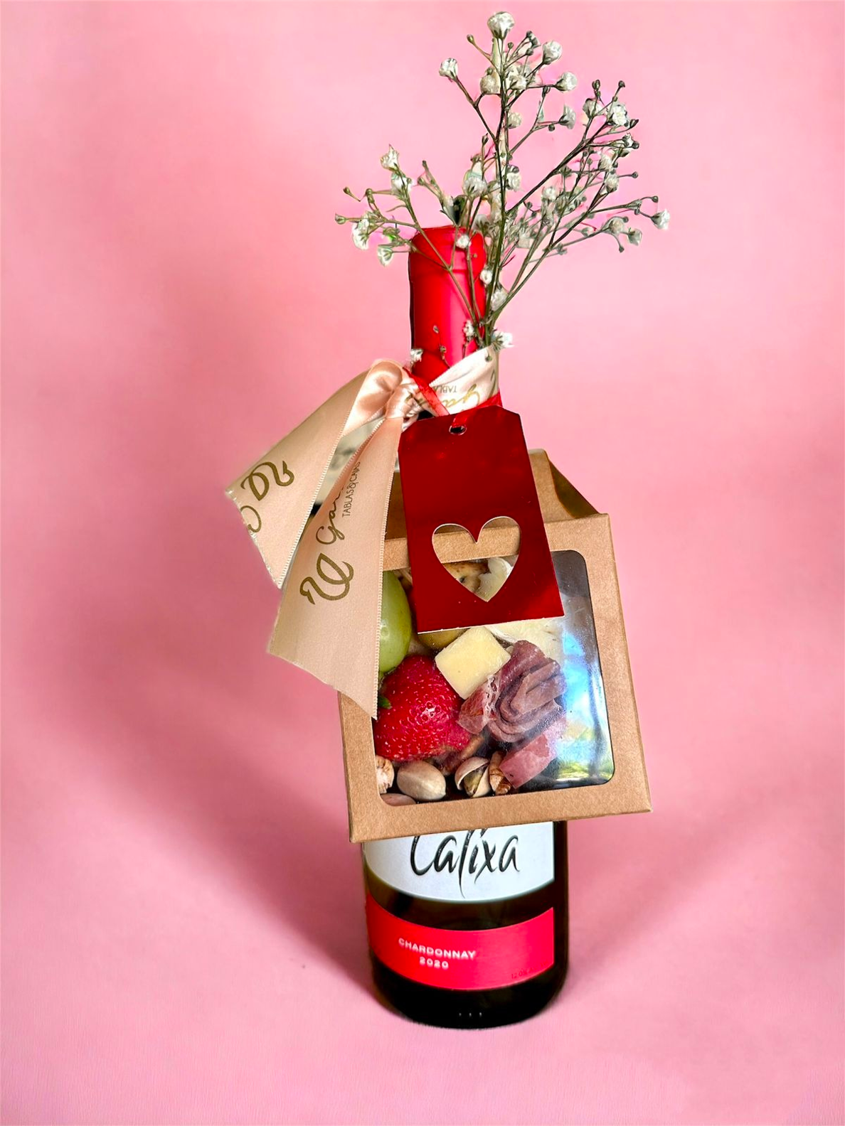 Botella de Vino Blanco con Mini Caja de Charcutería